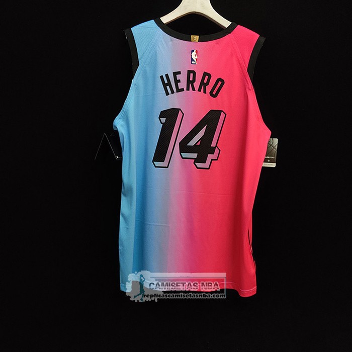 Camiseta Miami Heat Tyler Herro NO 14 Ciudad 2020-21 Autentico Azul Rosa